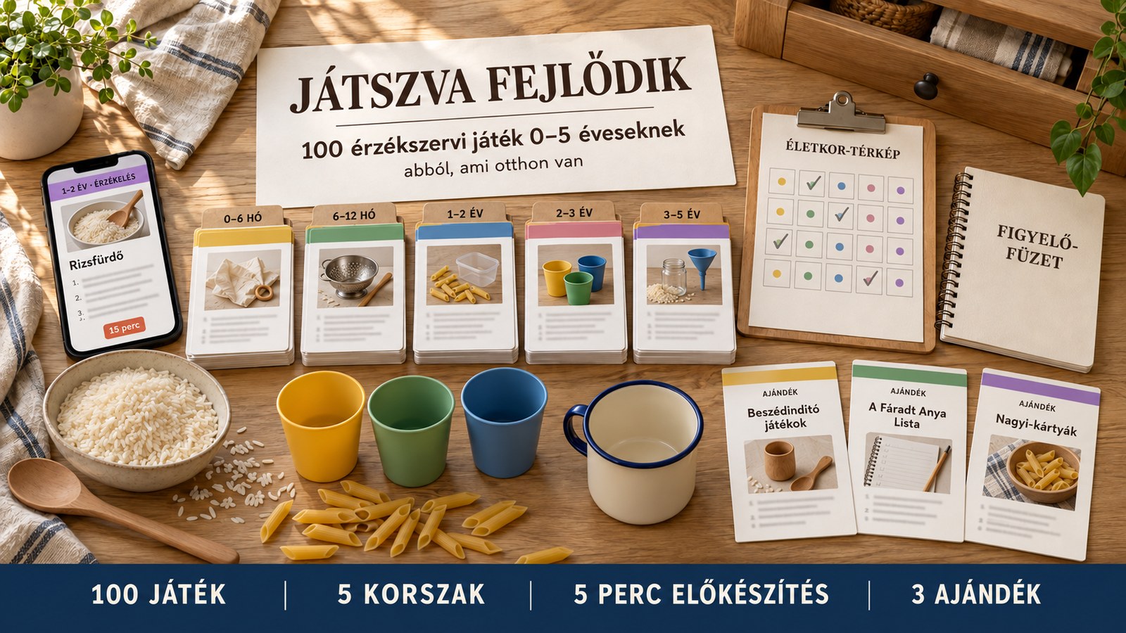 Az egész csomag a konyhapulton: a telefon a mai játékkal, a 100 kártya korszakok szerint, az Életkor-térkép, a Figyelő-füzet és a 3 ajándék