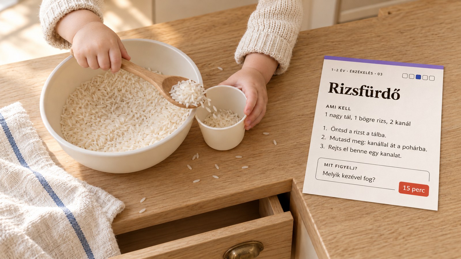 Egy kisgyerek keze kanállal rizst merít egy tálból egy pohárba, mellette a Rizsfürdő kártya